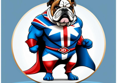 Xdog standing up wearing Union jack